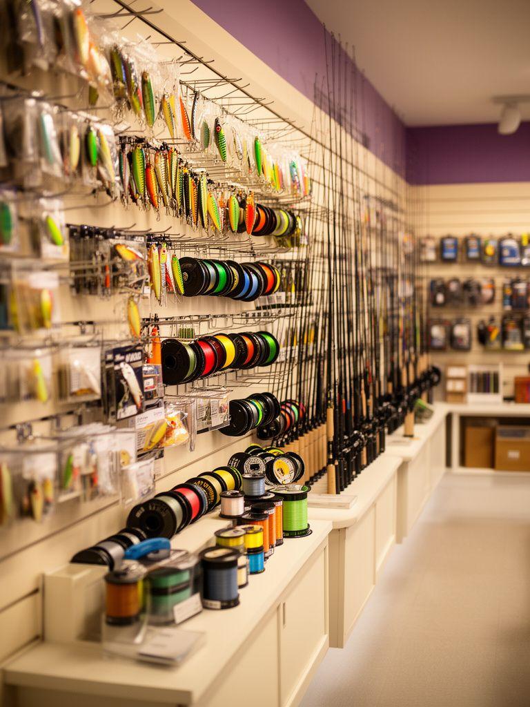 Interior tackle wall in a Phoenix fishing shop with neatly arranged lures, line spools, and rod tubes under warm lighting