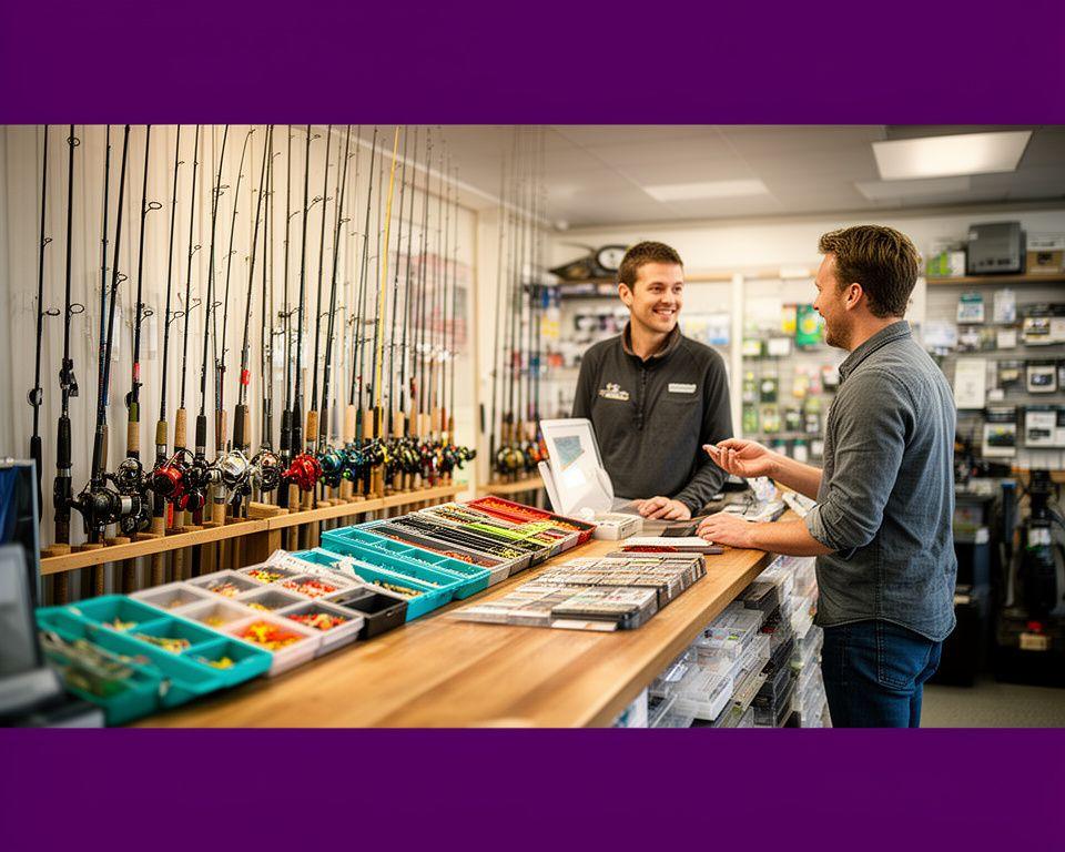 Bright fishing shop counter with rods, tackle trays, and a customer asking for local bait advice