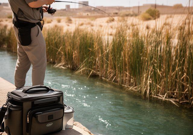 Angler standing beside a desert canal with reeds and a compact tackle bag in the foreground
